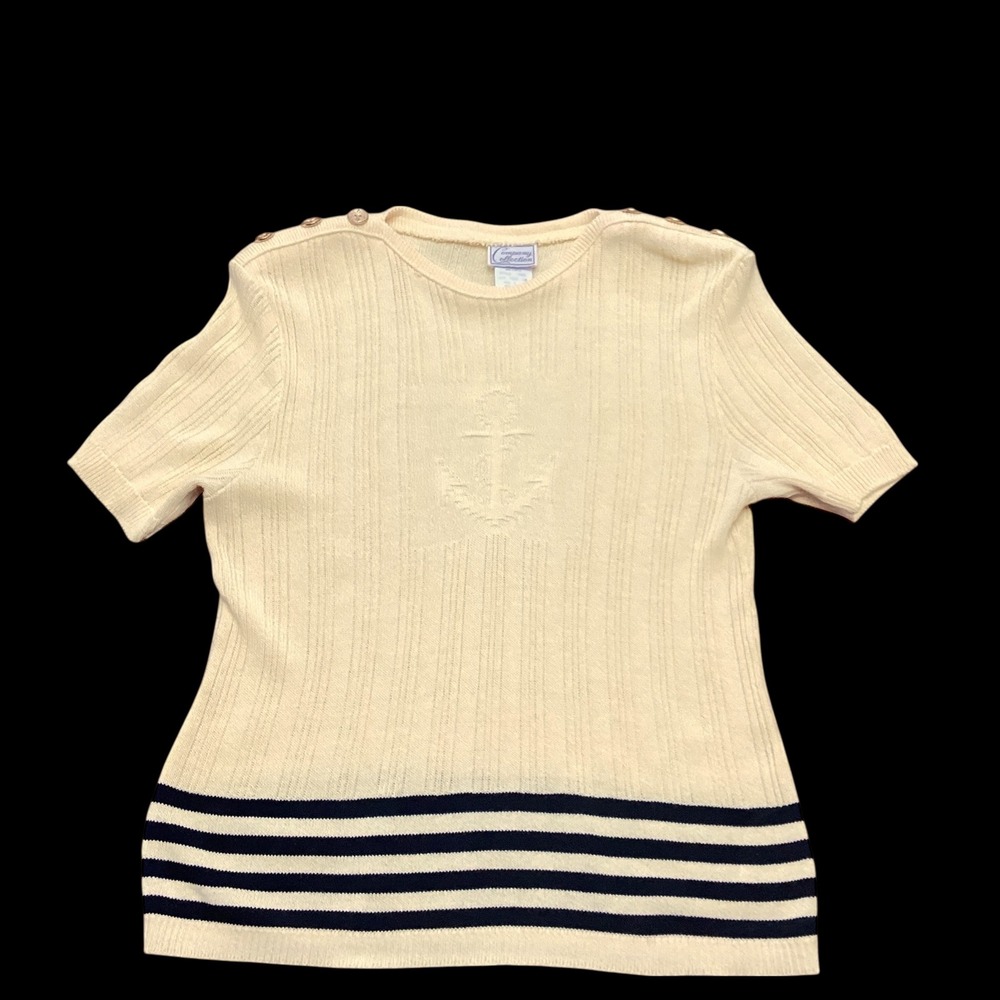 Company Collection Nautical Anchor Sailboat Ribbed Yellow Sweater Short Sleeve L
